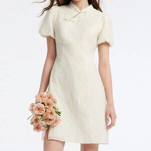 White Mandarin Collar Cheongsam Qipao Mini Dress